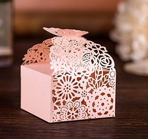 50pcs Laser Cut Butterfly Favor Boxes, 2.6" x 2.6" x 1.6" Floral Gift Box for Bridal Shower Anniversary Wedding Party,Baby Shower,First Communion, Pink in Saudi Arabia