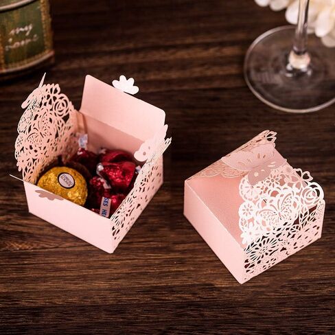 50pcs Laser Cut Butterfly Favor Boxes, 2.6" x 2.6" x 1.6" Floral Gift Box for Bridal Shower Anniversary Wedding Party,Baby Shower,First Communion, Pink in Saudi Arabia