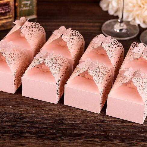 50pcs Laser Cut Butterfly Favor Boxes, 2.6" x 2.6" x 1.6" Floral Gift Box for Bridal Shower Anniversary Wedding Party,Baby Shower,First Communion, Pink in Saudi Arabia