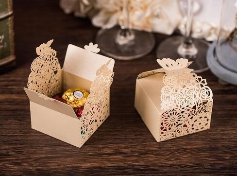 50pcs Laser Cut Butterfly Favor Boxes, 2.6" x 2.6" x 1.6" Floral Gift Box for Bridal Shower Anniversary Wedding Party,Baby Shower,First Communion, Pink in Saudi Arabia