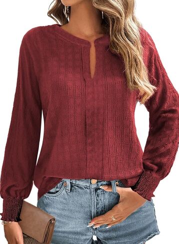 Dokotoo Long Sleeve Shirts for Women Casual Fall V Neck Tops Loose Solid Color Textured Tees Blouses in Saudi Arabia