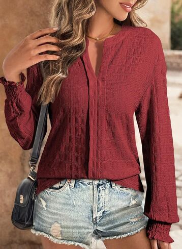 Dokotoo Long Sleeve Shirts for Women Casual Fall V Neck Tops Loose Solid Color Textured Tees Blouses in Saudi Arabia