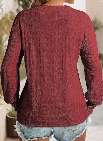 Dokotoo Long Sleeve Shirts for Women Casual Fall V Neck Tops Loose Solid Color Textured Tees Blouses in Saudi Arabia