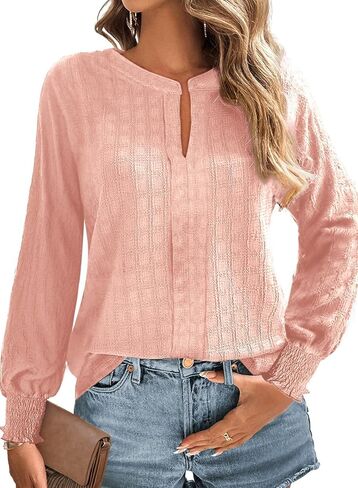 Dokotoo Long Sleeve Shirts for Women Casual Fall V Neck Tops Loose Solid Color Textured Tees Blouses in Saudi Arabia