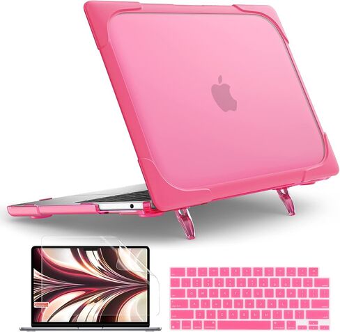 حافظة TWOLSKOO لجهاز MacBook Air 13.6 بوصة 2024 2023 2022 M3 M2 Chip A3113 A2681 مع معرف اللمس، غطاء صلب متين مقاوم للصدمات وطبقة مزدوجة مع مسند قابل للطي، وردي in Saudi Arabia