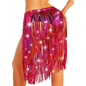 Nicute Women Sparkly Sequin Tassel Skirt Fringe Belly Dance Skirt Hip Scarf Festival Wrap Skirt
