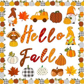 Faccito 70 Pcs Fall Bulletin Board Decorations Set Hello Fall Cutouts with Autumn Gnome Pumpkin Borders Trim Thanksgiving Classroom Decor for Home Office School Supplies