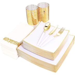 Nervure 140Pcs White Square Plastic Plates with Gold Rim - Gold Disposable Plates Includes: 40 plates, 60 Gold Plastic Silverware with White Handle, 20 Cups, 20 Napkins for Thanksgiving & Party