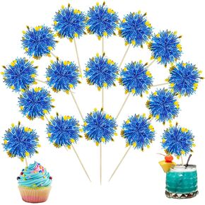 Ephlyn 30Pcs Foil Firework Cupcake Toppers Party Birthday Cake Toppers Supplies Sparkle Tinsel Cocktail Fruit Toothpick for Birthday Wedding Graduation Party Supplies Gold