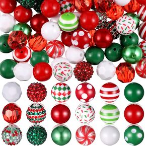 Sasylvia 100 Pcs 20mm Christmas Beads Kit 18 Styles Mixed Bubblegum Beads with Strings Lobster Clasps 20mm Red Green Gumball Spacer Bead Acrylic Chunky Beads for DIY Wreath Making and Home Decor