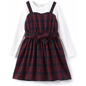PATPAT Girl's One Piece Outfit Long Sleeve Knit Tee and Checkered Hlter Dress Set with Belts for 5-12Y