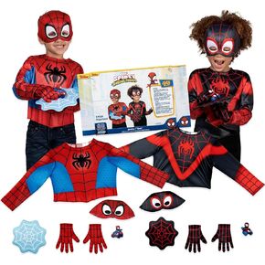 Marvel Spidey and Spin Official Toddler Dress-Up Set - Long-Sleeved Costume Tops with Fabric Half Masks, Gloves, Fabric Web Shields, and Mini Vehicles (3-4T)