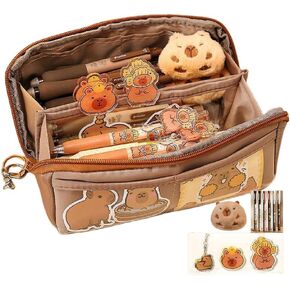 Adorable Capybara Bear 10-Layer Flip Canvas Pen Case Cute Pencil Holder Pencil Bag: Includes Pens, Capybara Badge, Pendant, and Clips (Brown)
