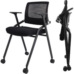 2 Pack Foldable Office Chairs with Wheels, Mesh Back, Arms and Portable - Folding Office Chairs for Conference Room Chair, Office Guest & Reception & Meeting Chair - (Red) 300 lbs.