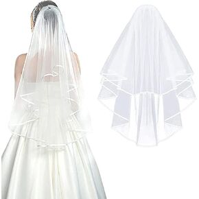 Comicfs White Double Ribbon Edge Center Cascade Bridal Wedding Veil with Comb
