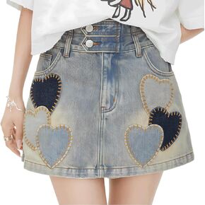 Y2K Vintage Kawaii Gothic Casual A-Line High Waisted Sewed Heart Print Jeans Skort Denim Skirt Shorts for Women