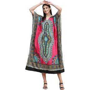 Women African Print Kaftan Beach Cover Up Tribal Plus Size V-Neck Loose Kimono Maxi Summer Free Size Dress