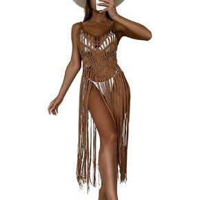 Floerns Women's Sleeveless Beachwear Swimwear Fringe Trim Crochet Kimono Cover Up