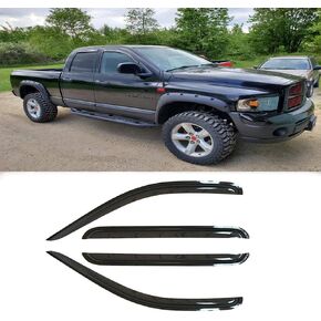 94623Y Chrome Side Window Visor Wind Vent Deflector fit for 02-08 Dodge Ram 1500,03-09 Ram 2500&3500 Quad Cab with 2 Half Size Rear Doors,4pc Outside Mount Style Shade Sun Rain Guards Set