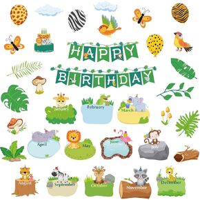 Sepamoon 35 Pcs Happy Birthday Posters Safari Jungle Animals Bulletin Board Set Classroom Birthday Wall Decoration Cutouts Calendars Chart Poster for Back to School Classroom Animal Theme Supply