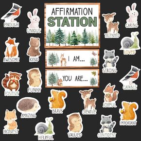 Affirmation Station Bulletin Board Set Woodland Animal Bulletin Board for Classroom Decor Motivational Poster Positive Affirmations Accents Inspirational Cutouts for Teachers School Chart Supplies