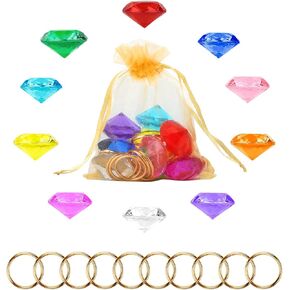 Chaos Emeralds and Rings Set, Include 10pcs Acrylic Crystal Diamond Gems with 10pcs Gold Power Rings Pirate Treasure Hunt Jewels for Kids Birthday Party Favor Supplies Cake Decoration
