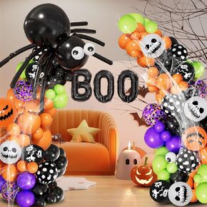 Halloween Balloon Garland Arch kit with Halloween Spider Web,136 Pcs Boo Foil Banner Balloons, Spider Balloons, Black Orange Purple Confetti Balloons, Indoor Outdoor Halloween Decor Party Supplies