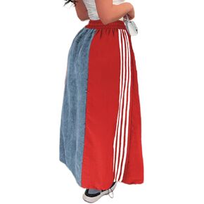 Angsuttc Long Denim Skirts for Women A Line Drawstring Jean Skirt Stripes Patchwork Elastic High Waist Maxi Skirt Pockets