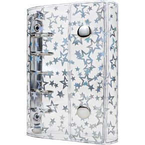 A6 Budget Binder Cover Clear PVC 6 Ring Binder Glitter Star Refillable Notebook Shell Protector with 2 Snaps for Cash Envelopes System Journal Albums Organizer Planner Folder