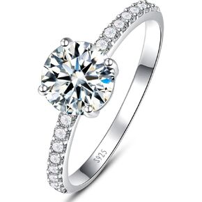 1.25ct 925 Sterling Silver Engagement Ring for Women, 7mm Round Cut Solitaire Cubic Zirconia Engagement Ring Sterling Silver Wedding Ring for Women Promise Ring Band Width 1.8mm Size 5-9