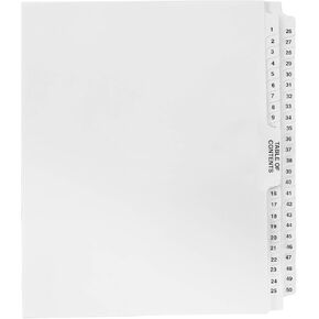 Exhibitindexes® Numbered Divider 1-50 Un-Punched - AVE Style Bold Tab - Side Collated Exhibit Tabs - Made in The USA | Letter Size - 1-50 - Sets Not Punched
