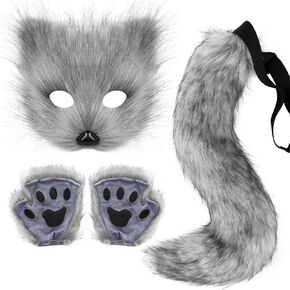 Therian Mask and Tail Set, Handmade Wolf Paw Gloves Faux Fur Fox Tail Cat Cosplay Halloween Masquerade Costume