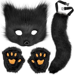 Therian Mask and Tail Set, Handmade Wolf Paw Gloves Faux Fur Fox Tail Cat Cosplay Halloween Masquerade Costume