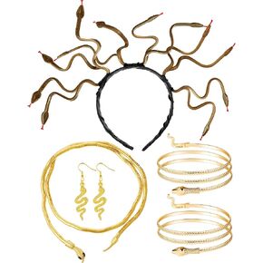 Laumoi 5 Pcs Halloween Medusa Snake Costume Headband Armband Spiral Upper Arm Cuff Necklace Choker Earrings for Women