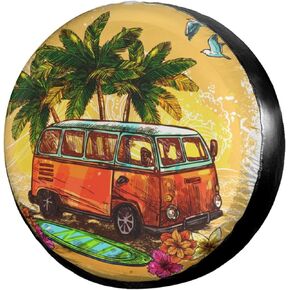 Dujiea Holiday Surf Hippie Old Bus Spare Tire Cover, Universal Wheel Tire Cover Dust-Proof Tire Protectors for Trailer Rv Van SUV Truck Camper and Many Vehicle 14 15 16 17 Inch
