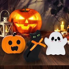 Cute Halloween Decorations Indoor, Ghost Wooden Tiered Tray Decor Pumpkin Blocks Freestanding Table Signs for Party Home Kitchen Mantel Tabletop Decoration (Set of 3)