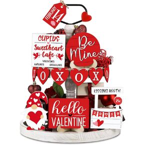 Jetec 12 Pcs Valentine's Day Tiered Tray Decor Set Valentines Heart Wood Sign Gnome Truck Rustic Farmhouse Tray Signs Table Decor for Romantic Valentine's Day Home Kitchen (Love)