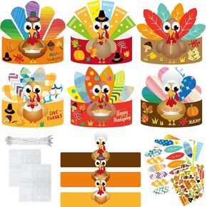 Fancy Land 24 Pack DIY Turkey Craft Kits Kids Thanksgiving Turkey Hats Create Your Own Turkey Crowns Headband for Kids Adults Classroom VBS Party Supply
