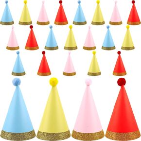 24 Pcs Birthday Party Hats Colorful Glitter Cone Party Hats with Pompom for Kids Adults Birthday Christmas Holiday Party Favors Supplies, 4 colors