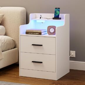 Nightstand with Charging Station,Modern Bedside Table with LED Light, Night Stand with 2 Drawers and Storage Shelves, Bedside Table for Bedroom,End Side Table Black Only One Piece (1, Black)