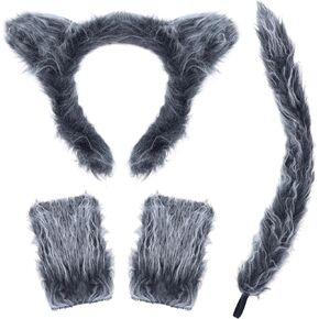 D-Fokes 4PCS Werewolf Costume Set,Wolf Costume Accessories,Realistic Wolf Mask Gloves and Tail,Big Bad Wolf Costume Adult
