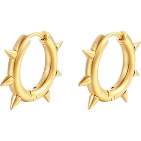 Stainless Steel Spike Hoop Earrings for Women Men Gold Silver Black Plated Punk Statement Gothic Rivet Awl Spike Circle Round Hypoallergenic Minimalist Huggie Hoop Earrings for Party Festival Jewelry Gifts