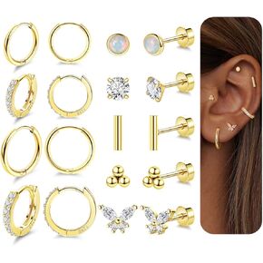 9Pairs 20G Surgical Steel Earrings for Sensitive Ears Hypoallergenic Huggie Hoop Earrings for Women Men Flat Back Earrings CZ Opal Cartilage Helix Earrings for Multiple Piercing