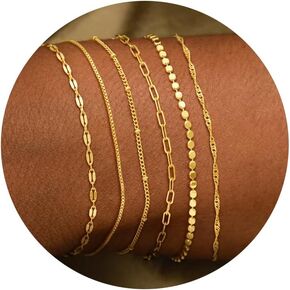 CHESKY Gold Braclets for Women, 14K Gold Plated Dainty Bracelet Sets for Women Trendy Thin Waterproof Stackable Chain Bracelets Paperclip Adjustable Cuban Link Bracelet Pack Jewelry Gifts for Women
