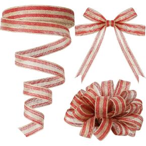 98.4 Ft Christmas Burlap Ribbon Roll Red Burlap Ribbon Gunny Sack Natural Burlap Stripe Ribbon Linen Rope Ribbon for DIY Craft Wreath Christmas Tree Decoration Wedding Party Supplies (1 Inch Wide)