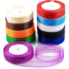 Swpeet 10 Rolls 50 Yards x 0.4 Inch Multicolor Shimmer Sheer Fabric Ribbons Organza Ribbon Assortment Kit, Transparent Sheer Ribbon Chiffon Fabric Ribbons for Bouquets Wedding Birthday Decoration