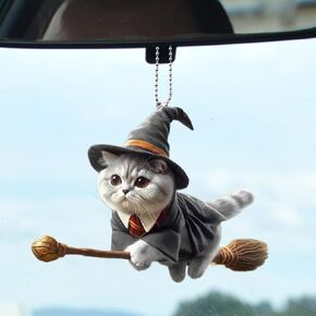 Magic Cat Car Rearview Mirror Accessories, 2D Flat Acrylic Pendant Car Rear View Mirror Charm, Christmas Tree Hanging Ornament, Car Interior Accessories Decor Present for Window (Carrying The cage)