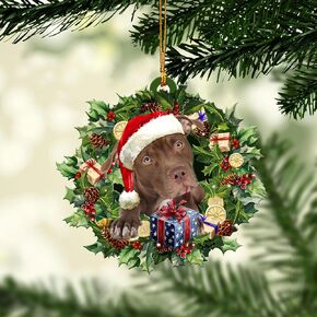 Talataca American Pit Bull Terrier Pitbull Wearing Christmas Hat Reindeer 2D Flat Car Rear View Mirror Accessories Christmas Tree Ornament Decoration Hanging Charm Interior Rearview Pendant Decor Gift
