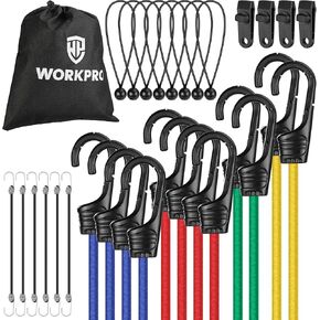 WORKPRO 30-Piece Bungee Cords Assortment Includes 10" 18" 24" 32" 40" Bungee Cord with Hooks, 8" Canopy, Tarp Ball Ties, Ball Bungees and 4 Free Tarp Clips, Drawstring Organizer Bag