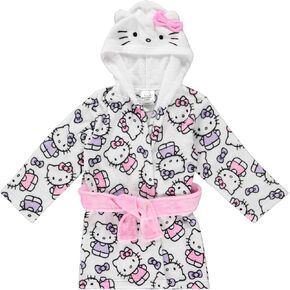 Hello Kitty Girls Fleece Kids Hooded Robe - Super Soft Plush Kids Spa Bathrobe with Pockets, Sizes 4-10 - Official Product